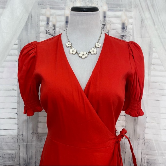 Antonio Melani Solid Red Linen Surplice V-Neck Short Puff Sleeve Wrap Tie Dress - Picture 3 of 15